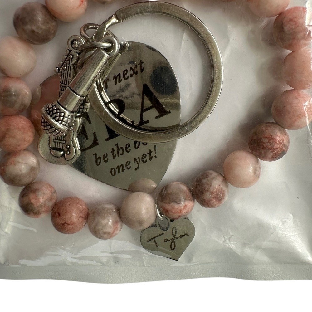 Bracelet Keychain Set Pink Stone Beads Guitar Pick Microphone‎ Charm Gift